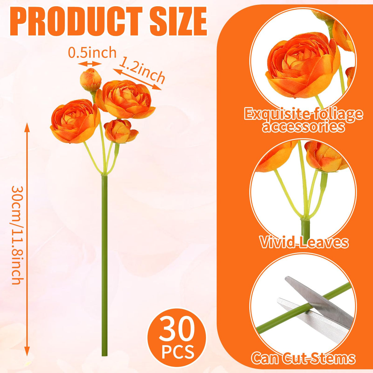 5 Bouquets Orange Ranunculus Artificial Flowers