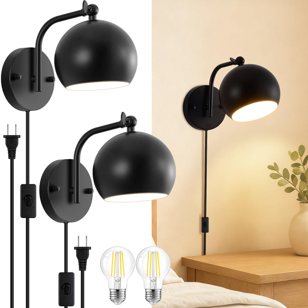 Plug in Wall Sconces Set of 2, Adjustable Angle Black Wall Lights with Plug in Cord & On/Off Switch, Bedside Wall