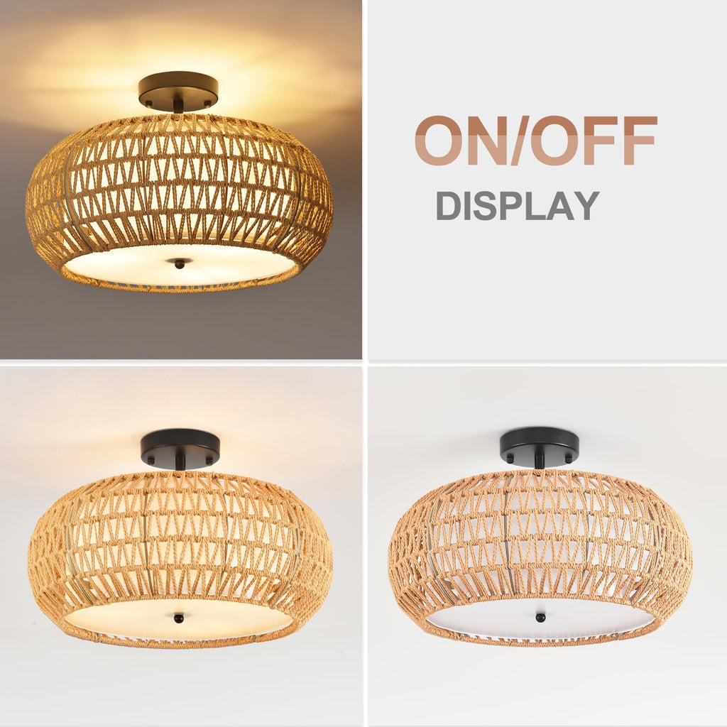 Boho Flush Mount Ceiling Light Fixture 15.8", Boho Chandelier Light Fixture Hand Woven Wicker Ceiling Light Flush
