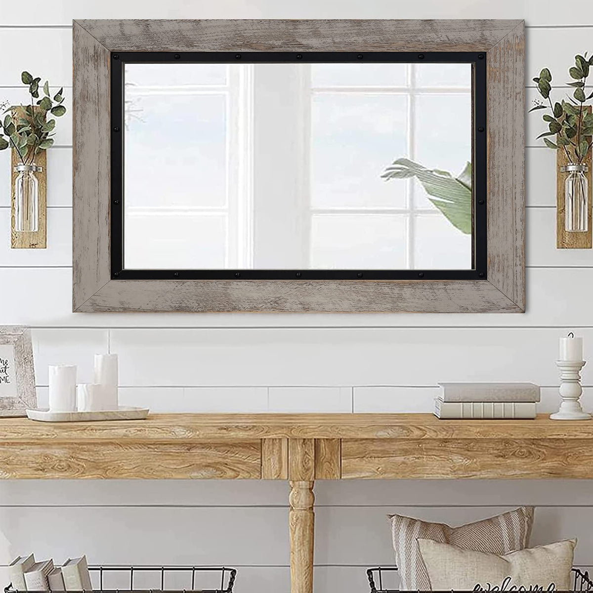 Rustic Wooden Framed Wall Mirror, 48"x30", Natural Wood and Iron Bathroom Vanity Mirror for Farmhouse Decor, Vertical