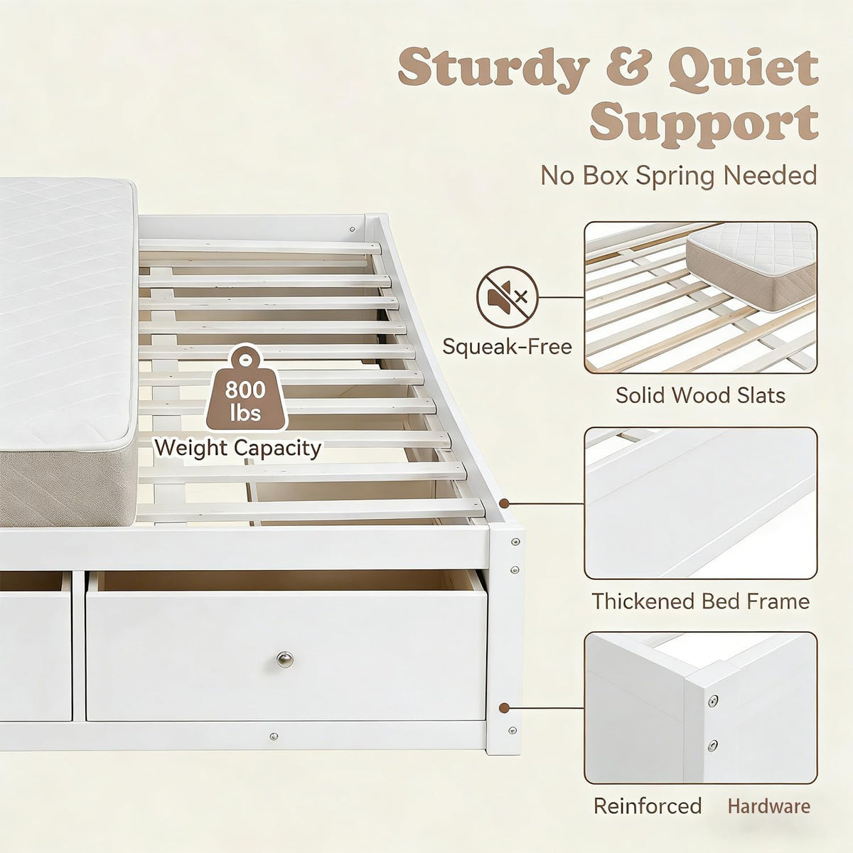 Farmhouse Wood Bed Frame, Japanese Low Platform Wooden Beds Frames with 4 Drawers & Concealed Hydraulic