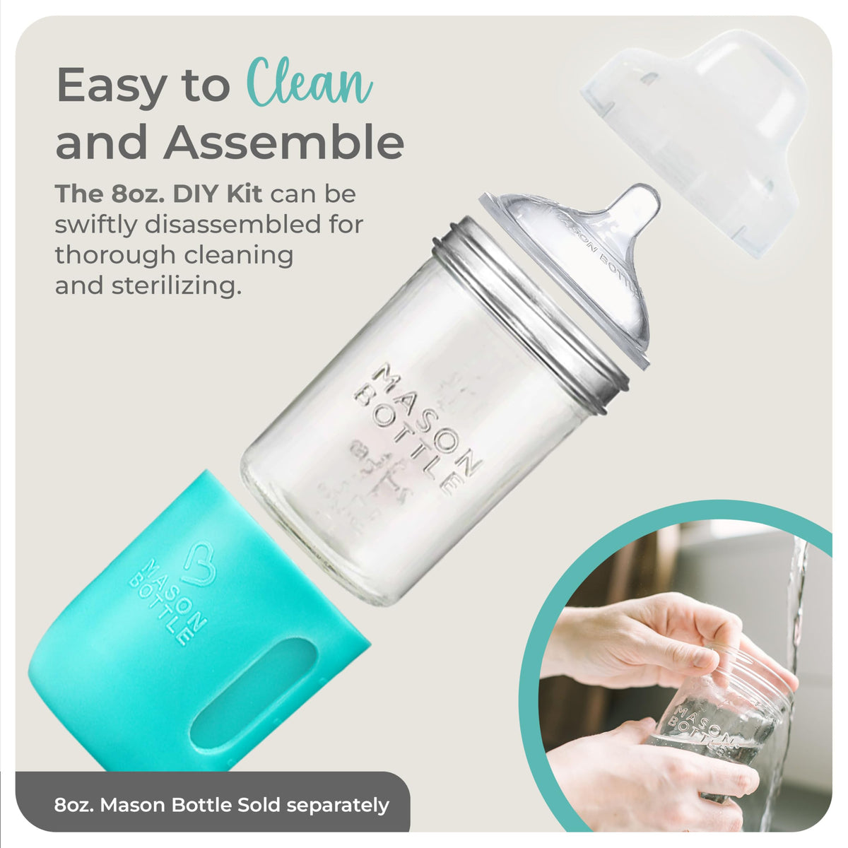 Glass Baby Bottle DIY Kit - Fits 8oz Mason Jars - Includes 2X Slow Flow Nipples, Silicone Sleeve, and Cap (Ring, Lid