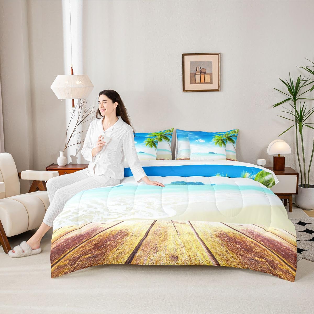 Beach Comforter Set 7 Pieces, Ocean Bed in A Bag, Tropical Palm Tree Hawaiin Bedding Set with Comforters