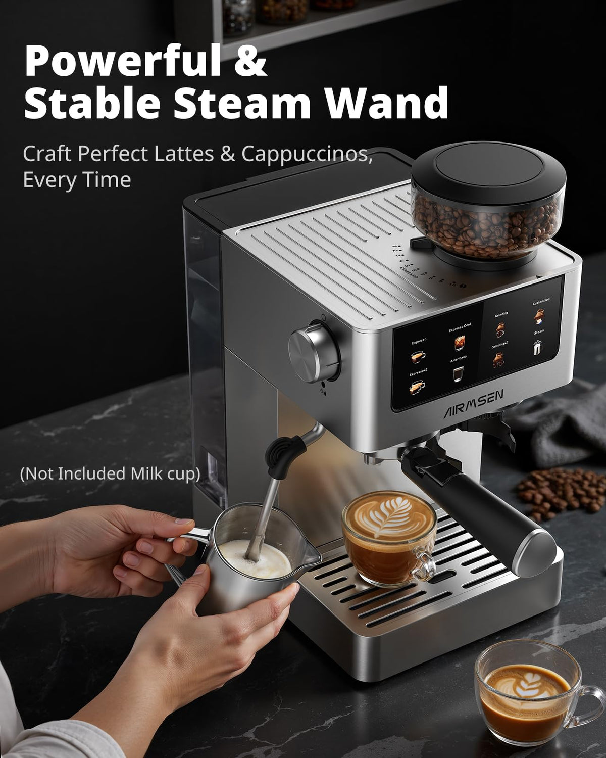 Espresso Machine with Grinder, 20 Bar, Milk Frothing Steam Wand