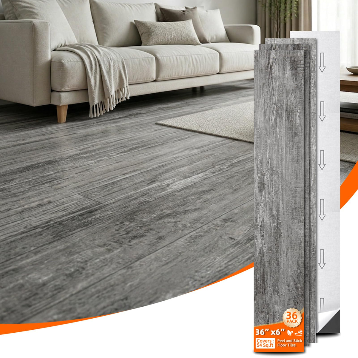 36-Pack Peel and Stick PVC Floor Tiles (54 Sq.Ft), Grey