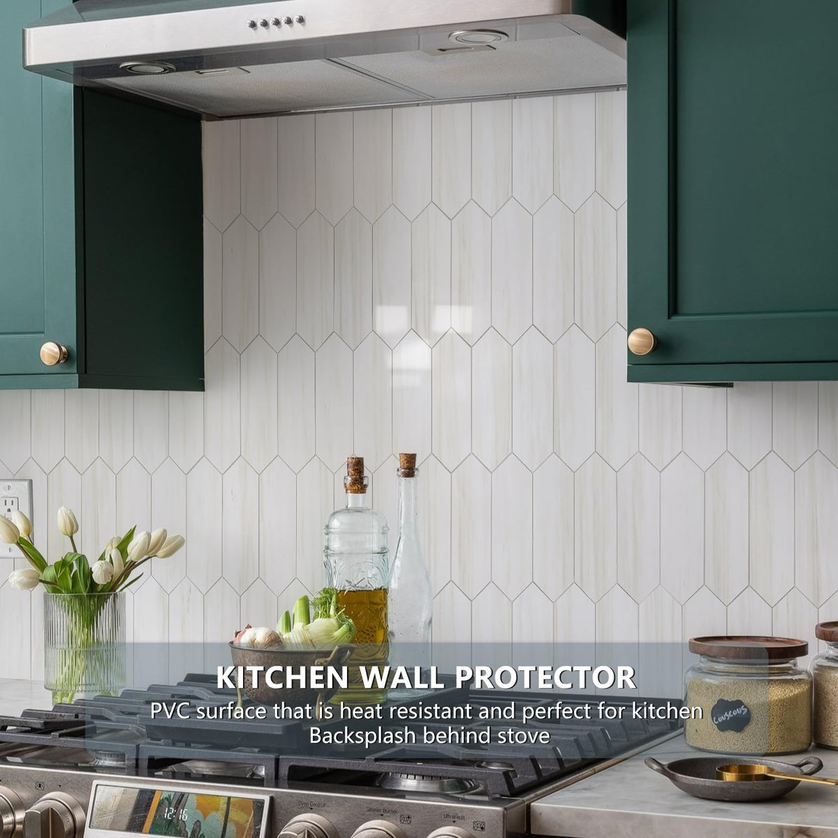 Glossy Dolomite White Backsplash Tile Peel and Stick, 12.8 x 12.8 Inch 10 Sheets Long Hexagon PVC Self Adhesive