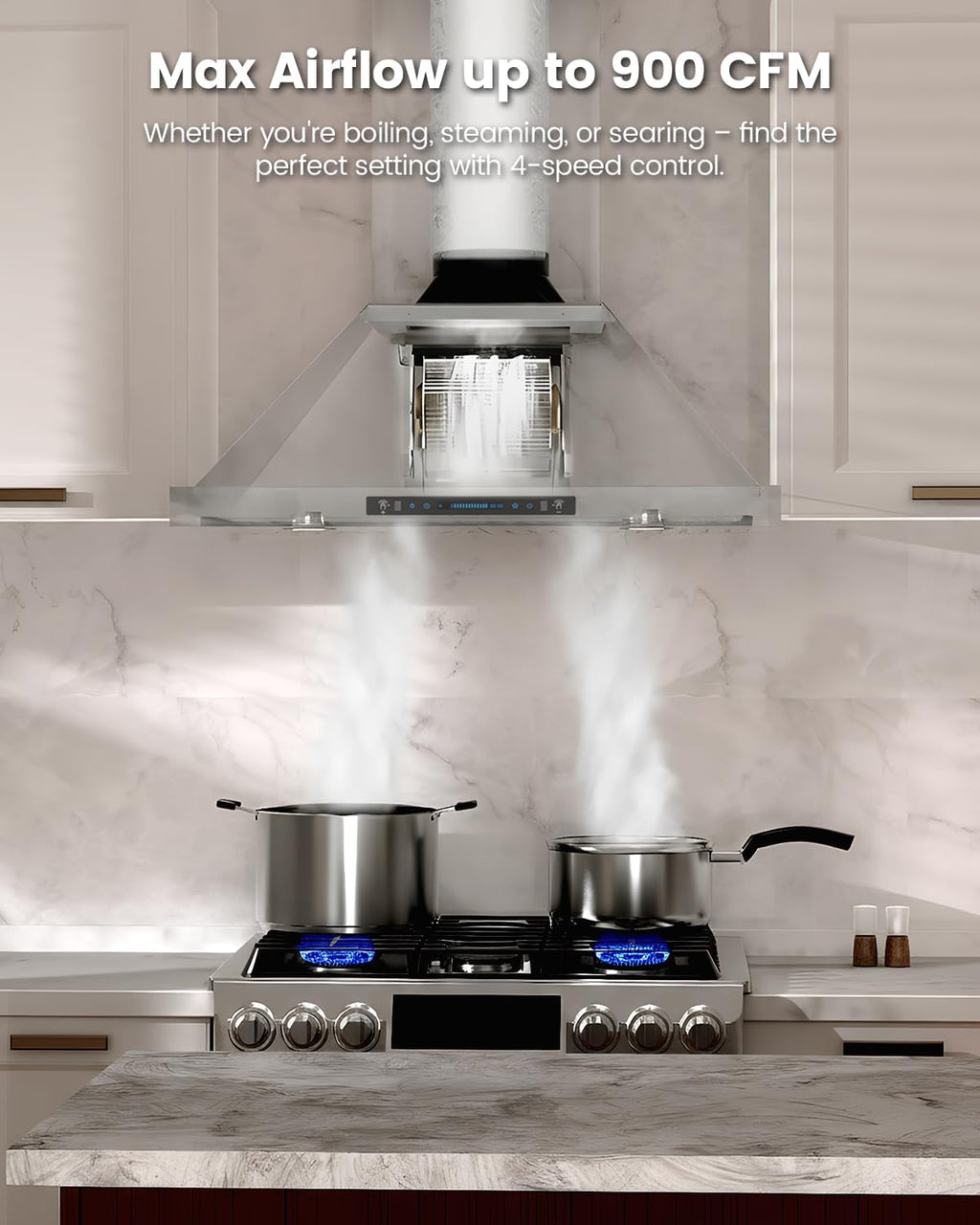 30 Inch Stainless Steel Wall Mount Range Hood 900 CFM 4 Speed Gesture, Touch & Remote Control Convertible Ducted/Ductless