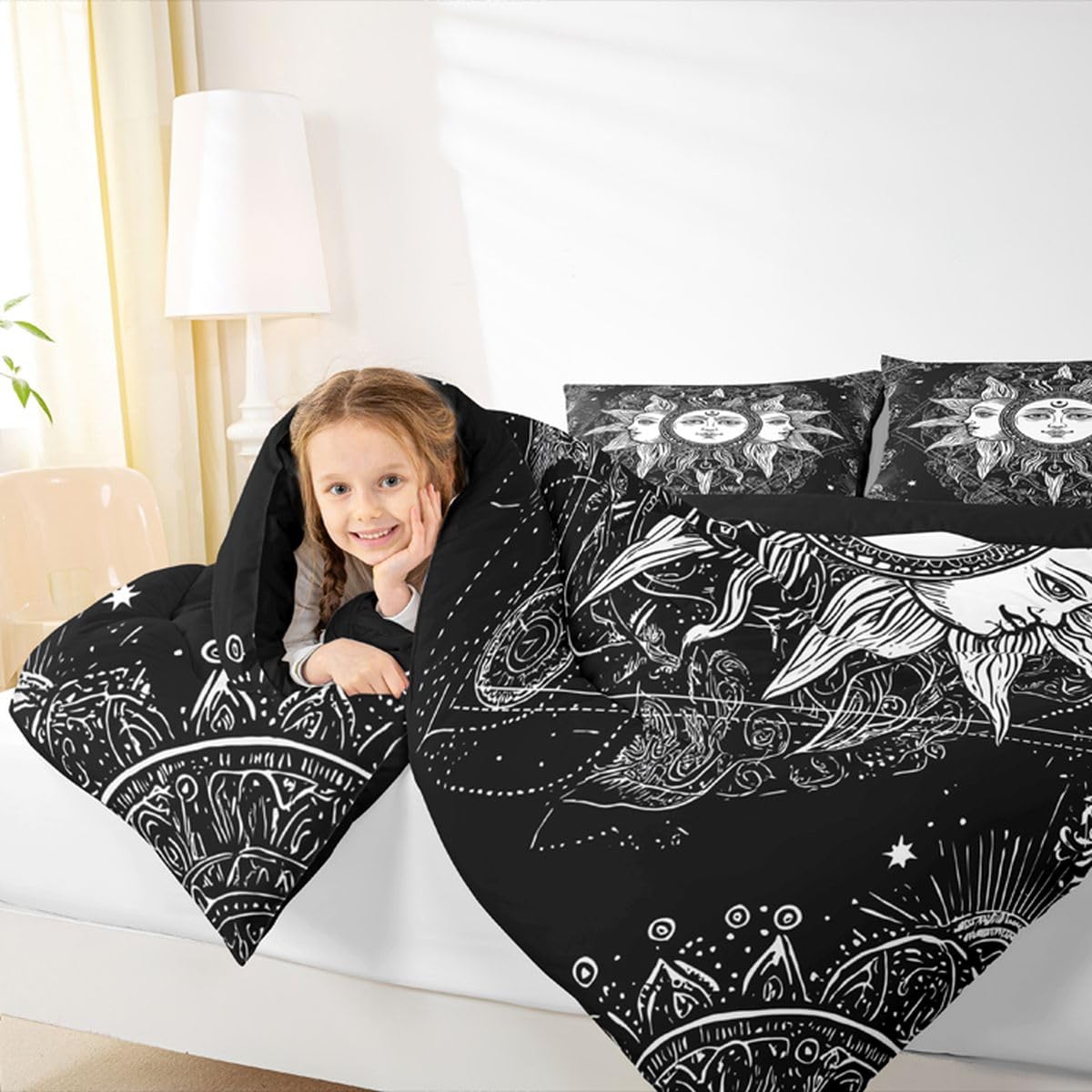 Bohemian Black and White Bedding Set Full, Sun and Moon Comforter Set Boho Floral Paisley Down Comforter, Tribe Exotic