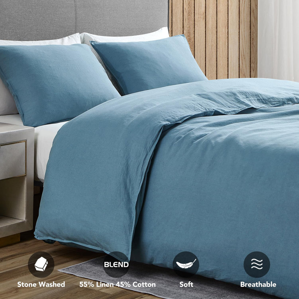 Linen Duvet Cover 3Pcs Set, Stonewashed Soft Linen Blend Bedding