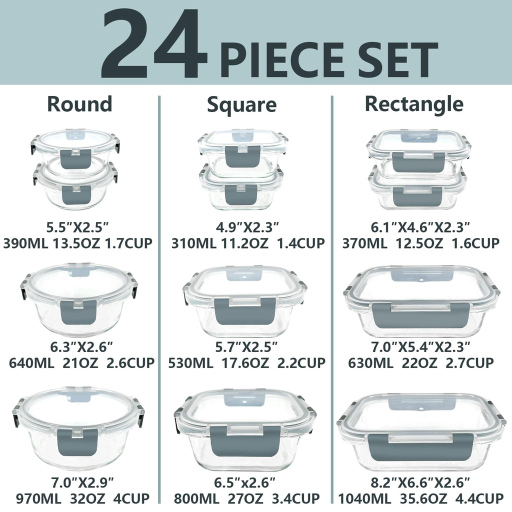 12 Pack Glass Food Storage Container Set with Lids Non Toxic, Stackable Borosilicate Glass Meal Prep Containers