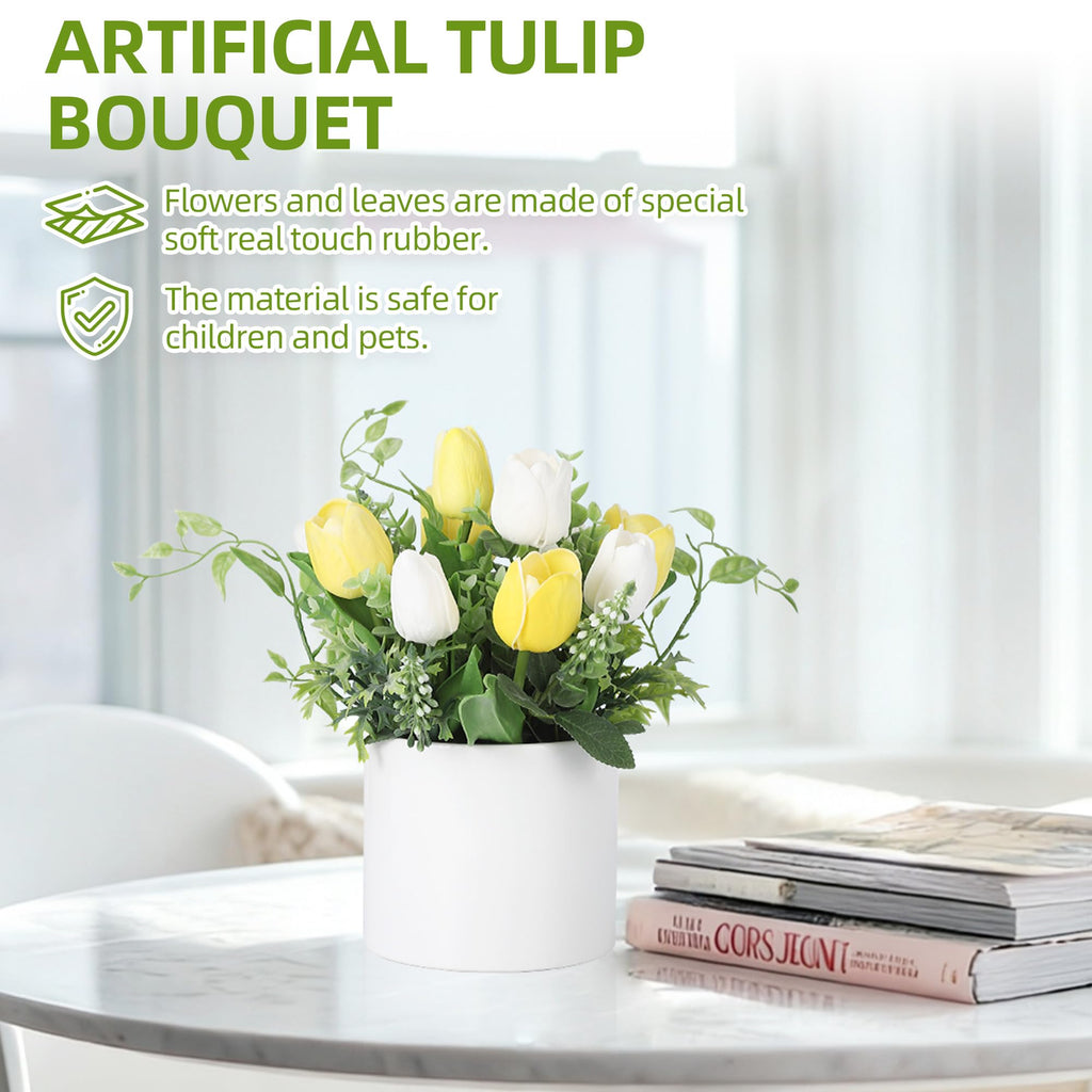 10 Pcs Artificial Tulips with Ceramic Vase, Real Touch PU Fake Tulip Stems for Easter, Spring, Wedding Bouquet, Home