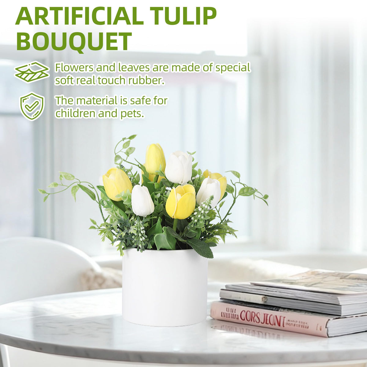 10 Pcs Artificial Tulips with Ceramic Vase, Real Touch PU Fake Tulip Stems for Easter, Spring, Wedding Bouquet, Home