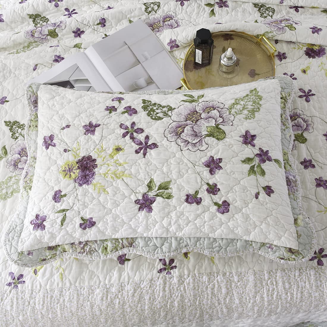 3-Piece Floral Embroidered Quilt Set Oversize Queen 100% Cotton Ultra Soft Elegant Reversible Bedspread Coverlet Set