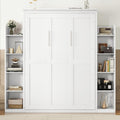 Full Size Murphy Bed, Wooden Full Wall Bed with Shelves and LED Lights, White