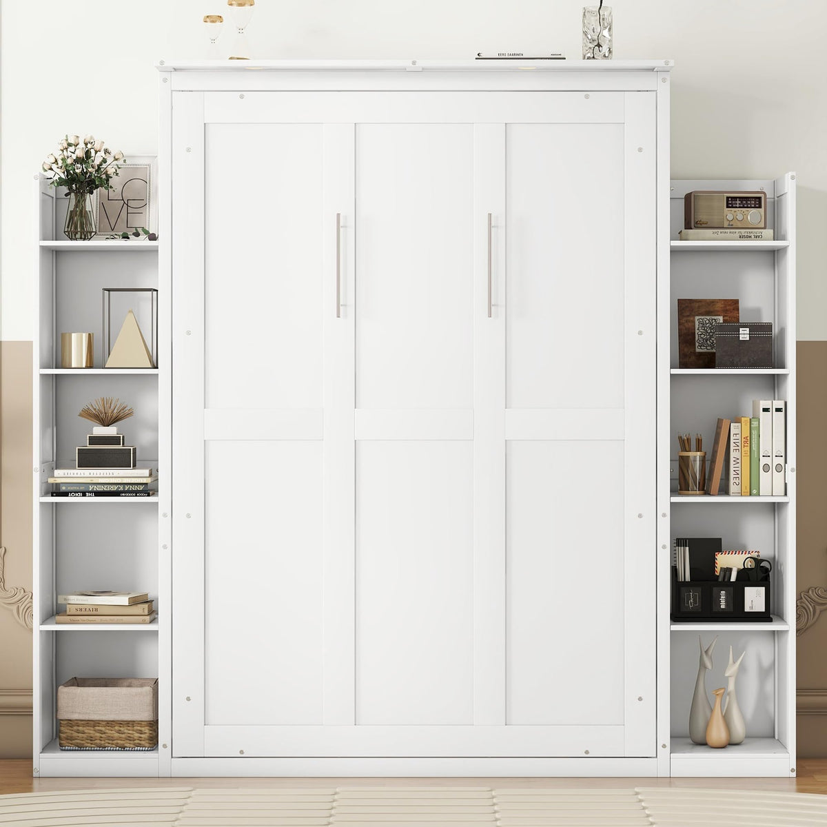 Full Size Murphy Bed, Wooden Full Wall Bed with Shelves and LED Lights, White