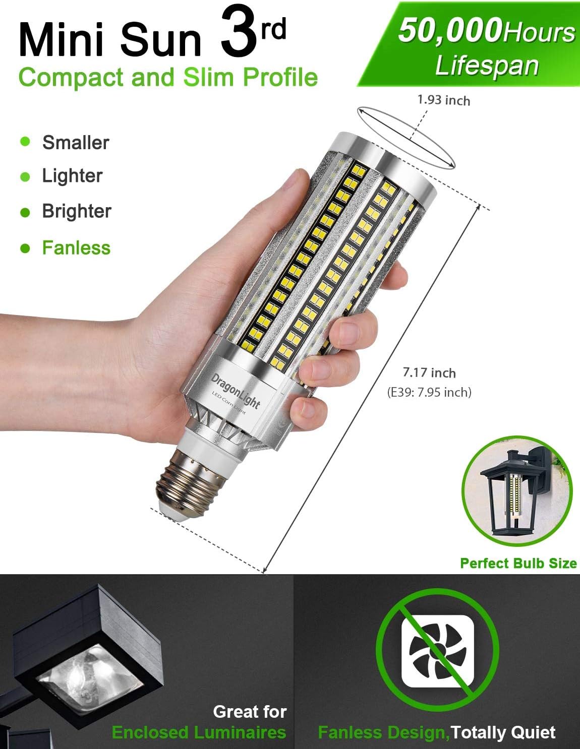 60W Corn LED Light Bulb Fanless (200 Watt Metal Halide/HID/HPS Replacement) E26/E39 Large Mogul Base LED Lamp 6000K