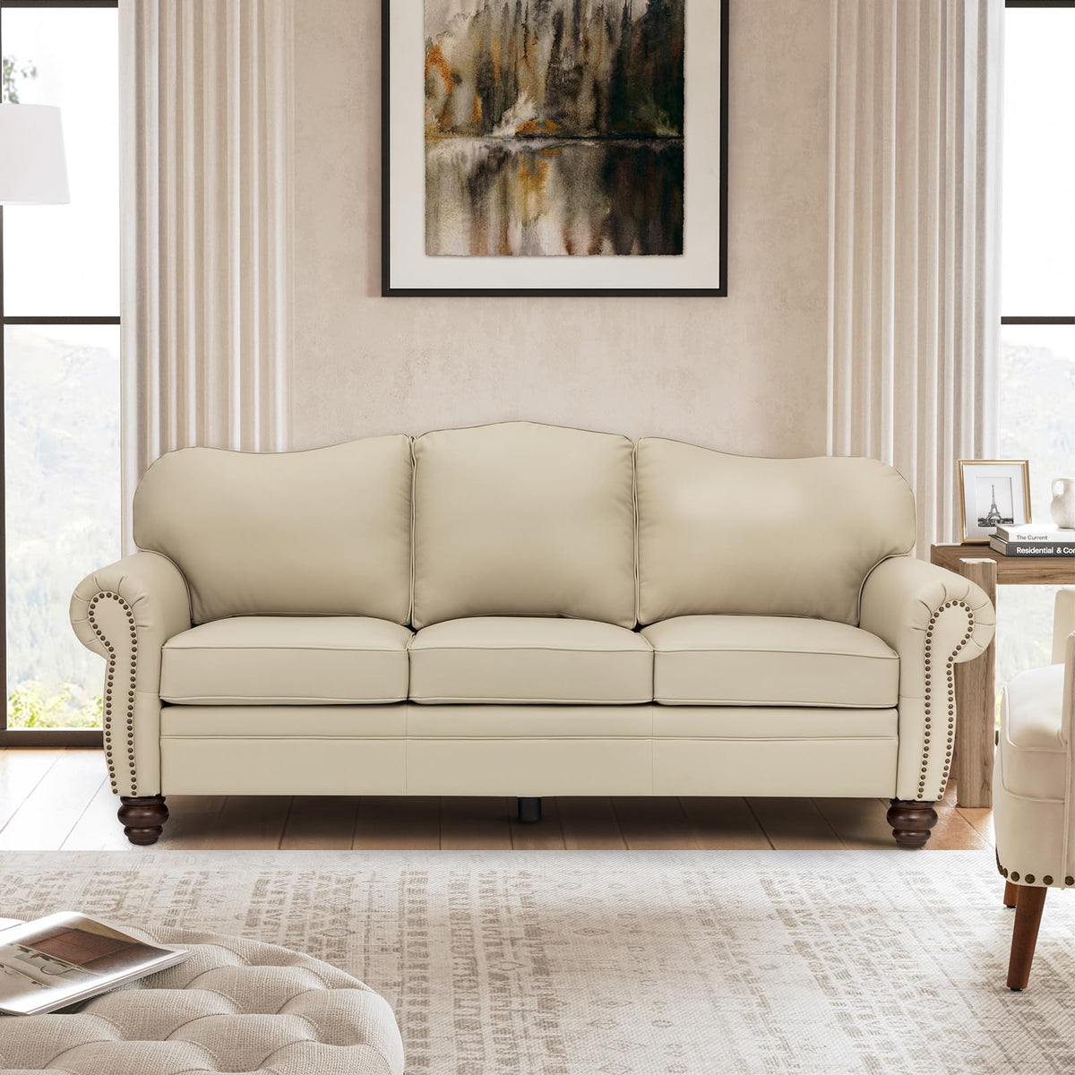 81" Genuine Leather Sofa, Classic 3-Seater Couchs with Wood Legs, Stylish & Comfortable Sofa, Easy Assembly Maintain