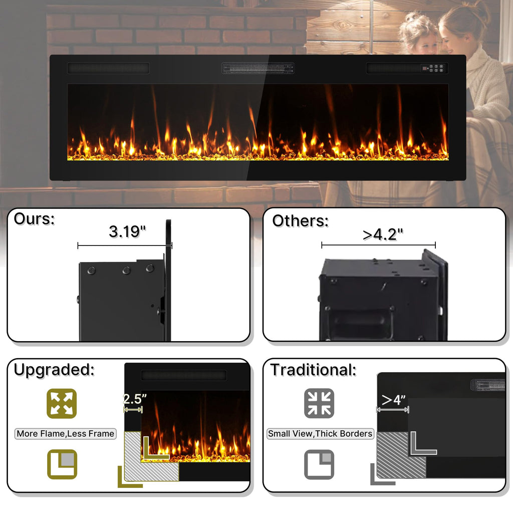 60" Ultra Thin Electric Fireplace Wall Mounted, Slim Fireplace Insert, Wall Fireplace /Bedroom w/Touch Screen, Remote