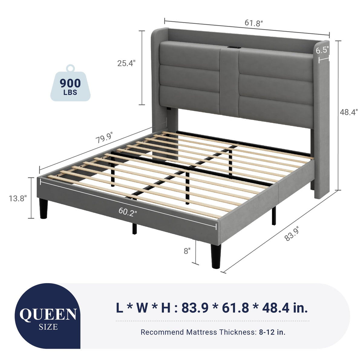 Queen Size Platform Bed Frame with Charging Station & Storage Headboard, Upholstered Velvet Wingback Design & USB