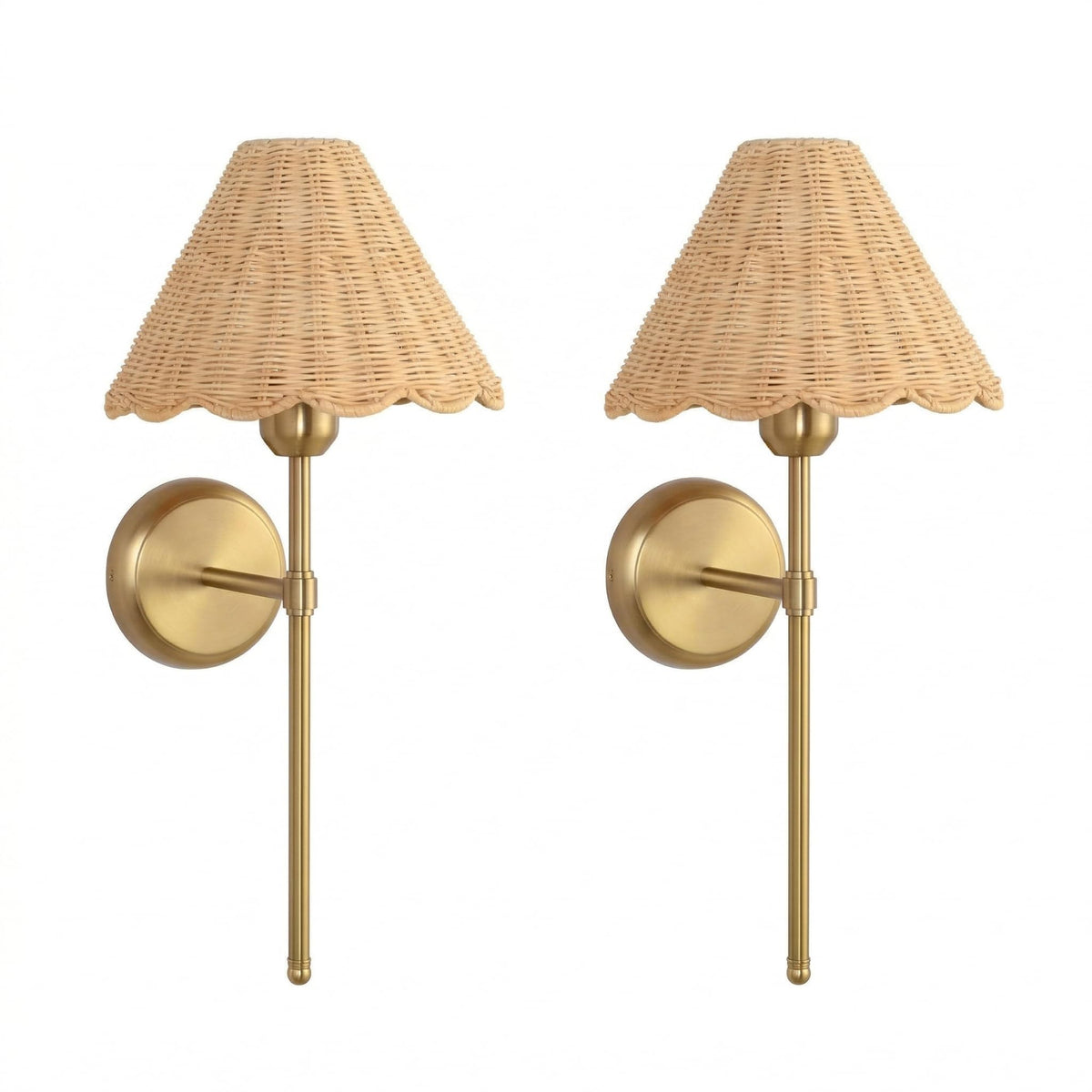 Rattan Wall Sconce Set of 2, Hardwired Boho Wall Sconces with Handwoven Rattan Shade, Gold Wall Lights, Bedside