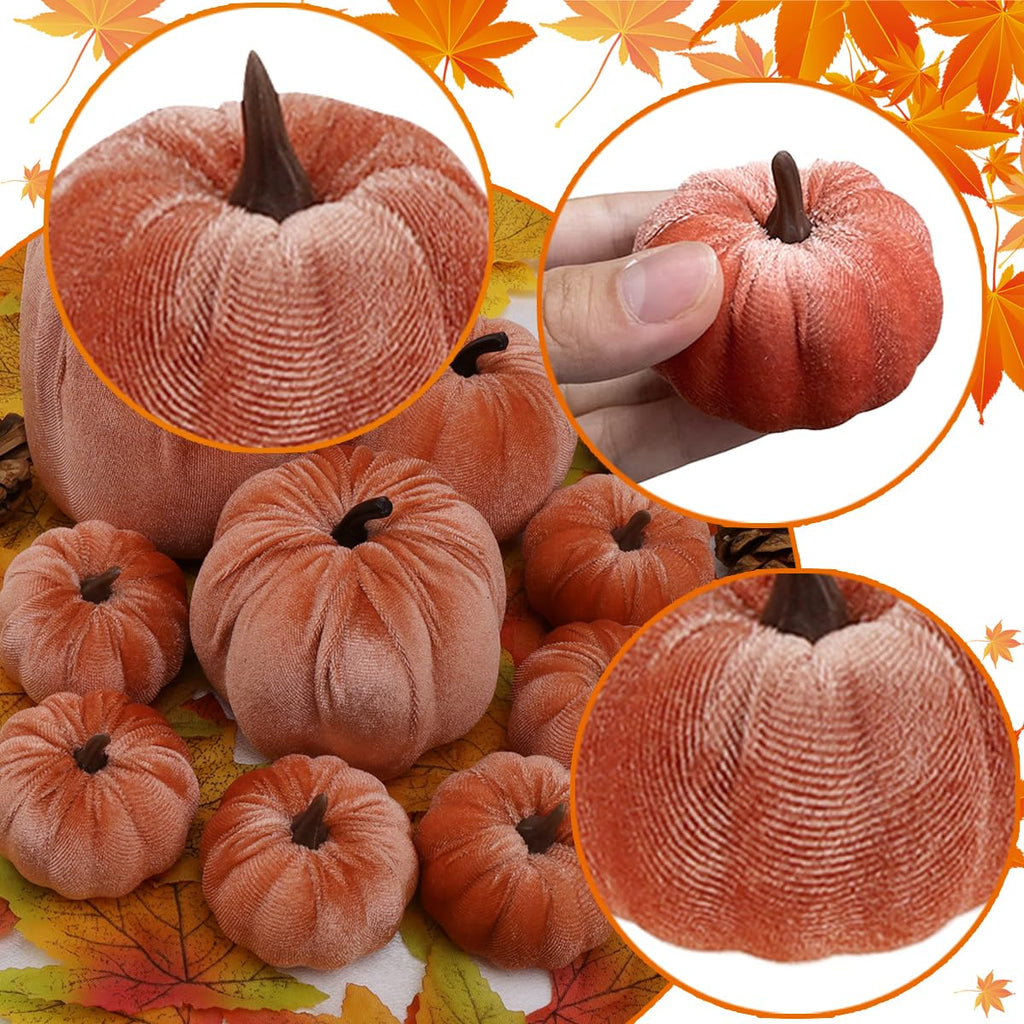 9Pcs Thanksgiving Velvet Pumpkins Decor Orange Small Faux Pumpkin