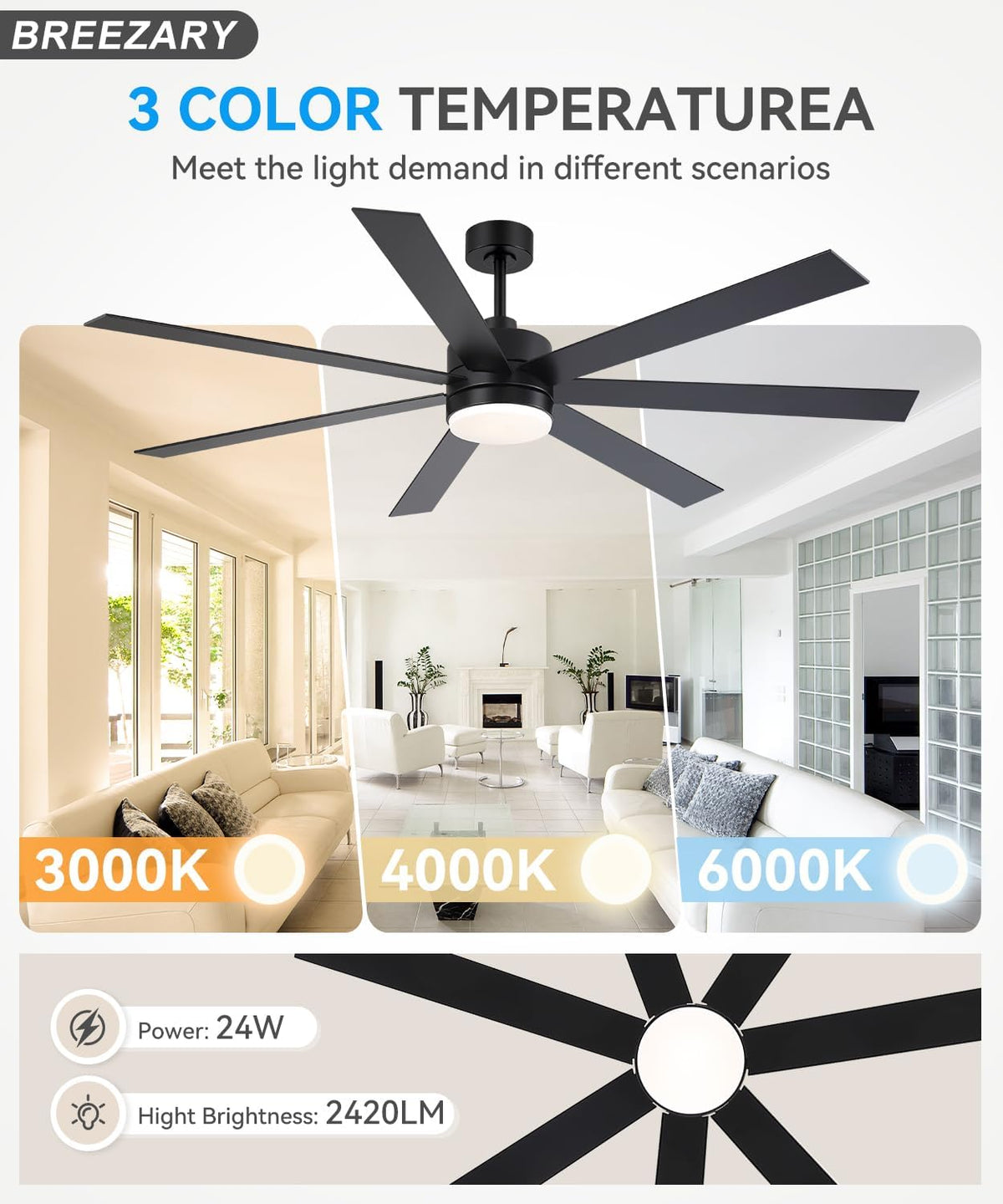 72 inch Large Ceiling Fans with Lights and Remote, 6-Speed Reversible DC Motor, 3 CCT, Dual Finish 7 Blades