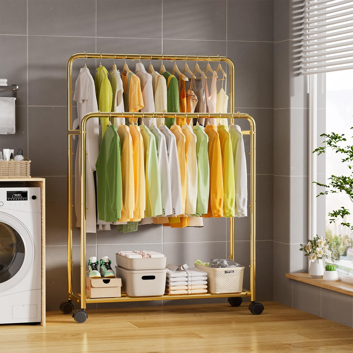Trending Clothing Clothes Rack Double Rods with Wheels, Rolling Metal Garment Rack for Hanging, Gold