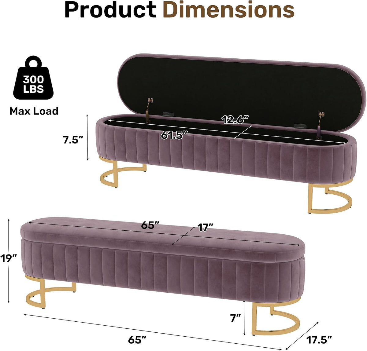 65" Velvet Storage Ottoman Bench End of Bed Entryway Purple