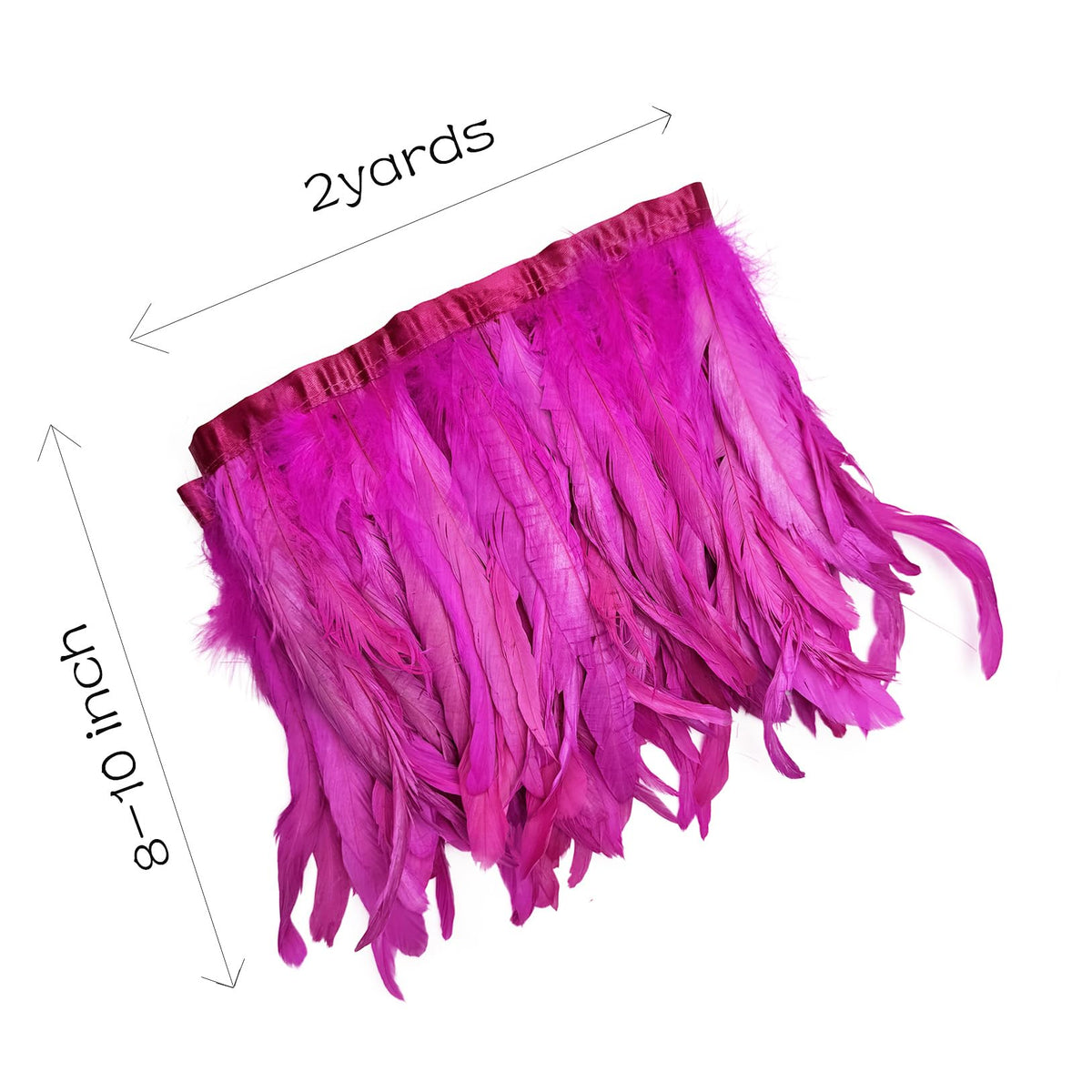 8-10" Rooster Hackle Feather Fringe Trim, Sewing Craft Feather for DIY Decorations-Fuchisa - 2 Yards