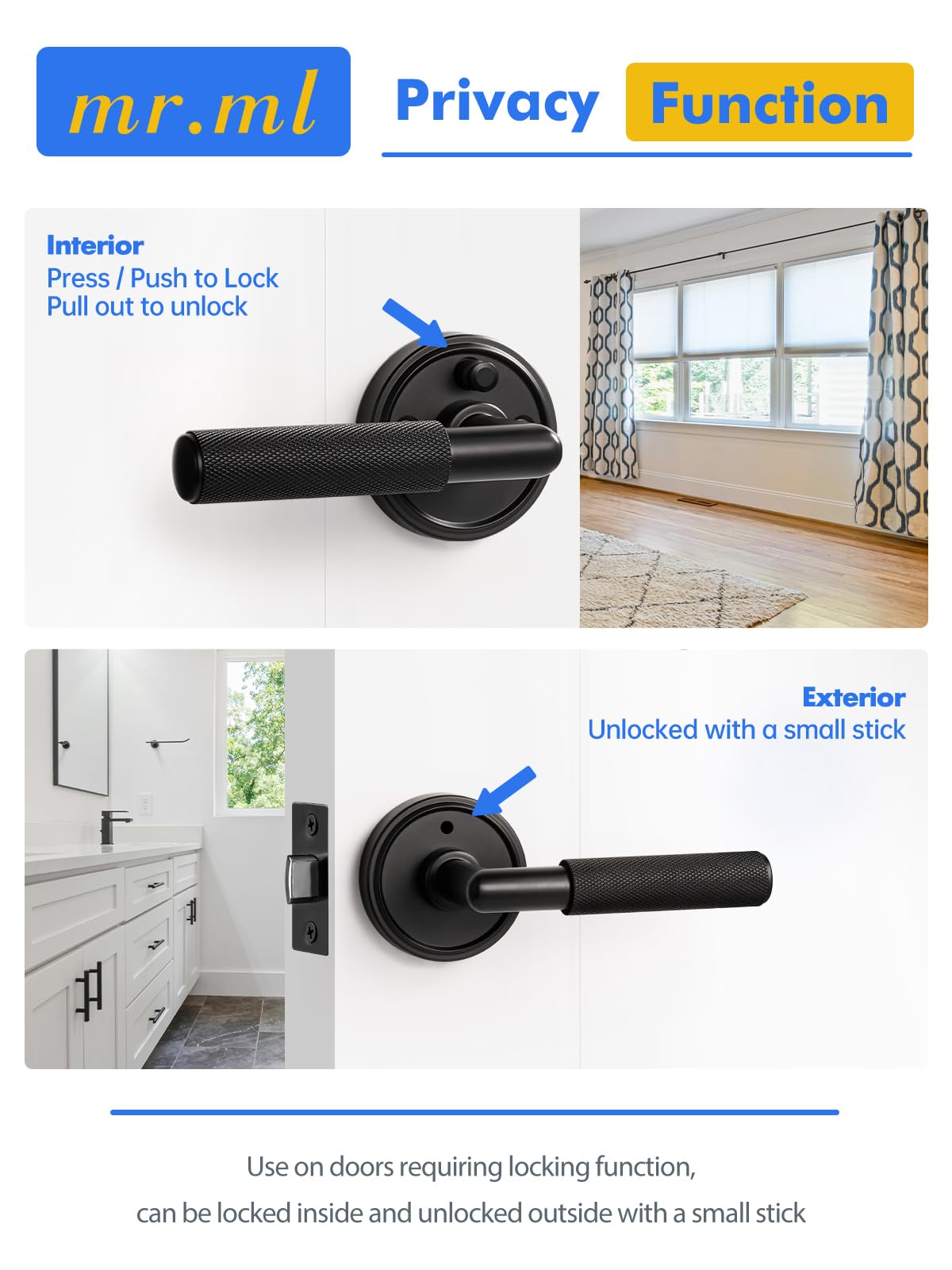 Knurled Door Lever Black Privacy Door Handle, 1 Pack