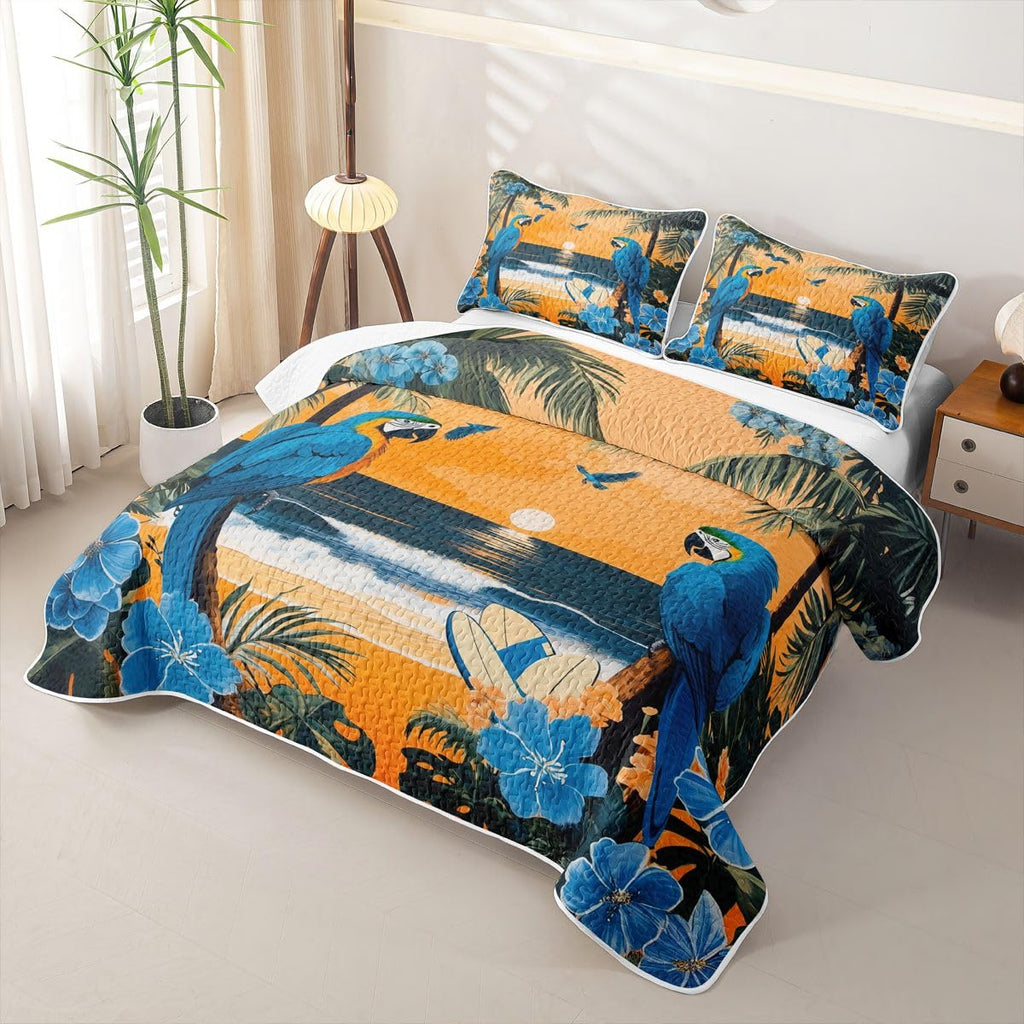 Parrot Quilts for Bed Tropical Plant Birds Bedspreads Soft Bed Summer Lightweight Comforter Palm Tree Pattern