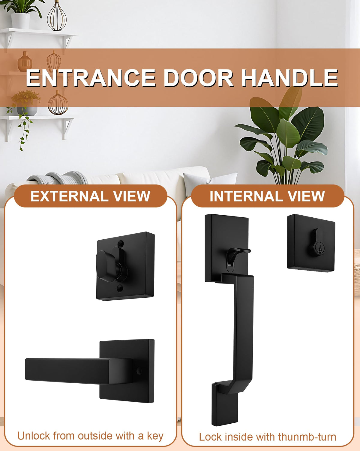 Front Door Handle and Deadbolt Set, Matte Black Front Door Lock Set, Square Exterior Door Handle and Single Cylinder