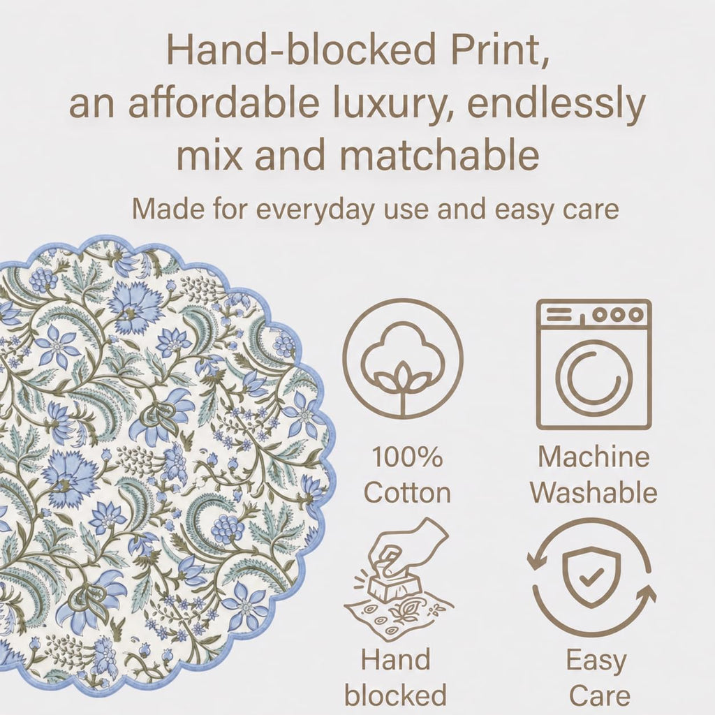 Floral Block Print Round Placemats 15 Inch, Set of 4, Columbia Blue