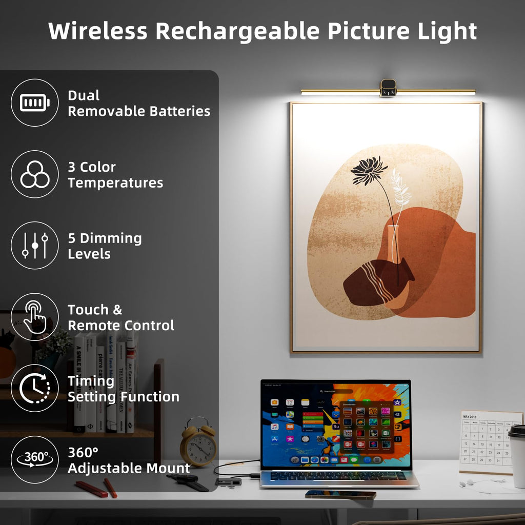 20 Inch Picture Light for Wall, 10000mAh Rechargeable Battery Operated Cordless LED Art Display Light with Remote &