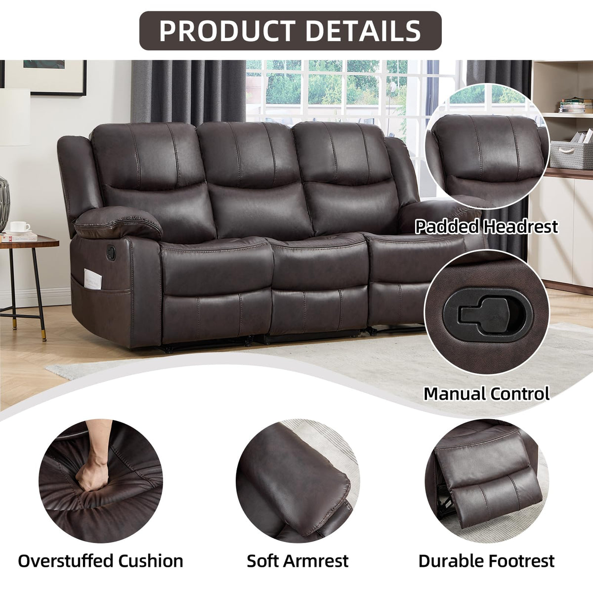 2 Pieces Manual Recliner Sofa Set, Faux Leather Reclining Couch Set, Included Loveseat Recliner Couch and 3 Seat
