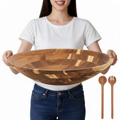 Large 18 Inch Acacia Wood Salad Bowl Set with Serving Utensils