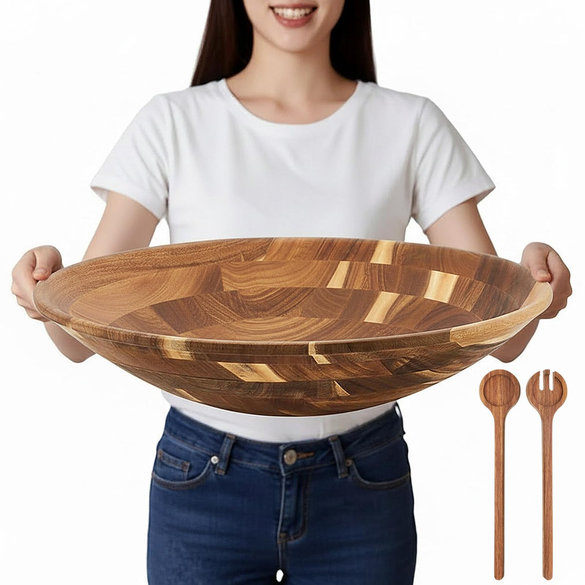 Large 18 Inch Acacia Wood Salad Bowl Set with Serving Utensils