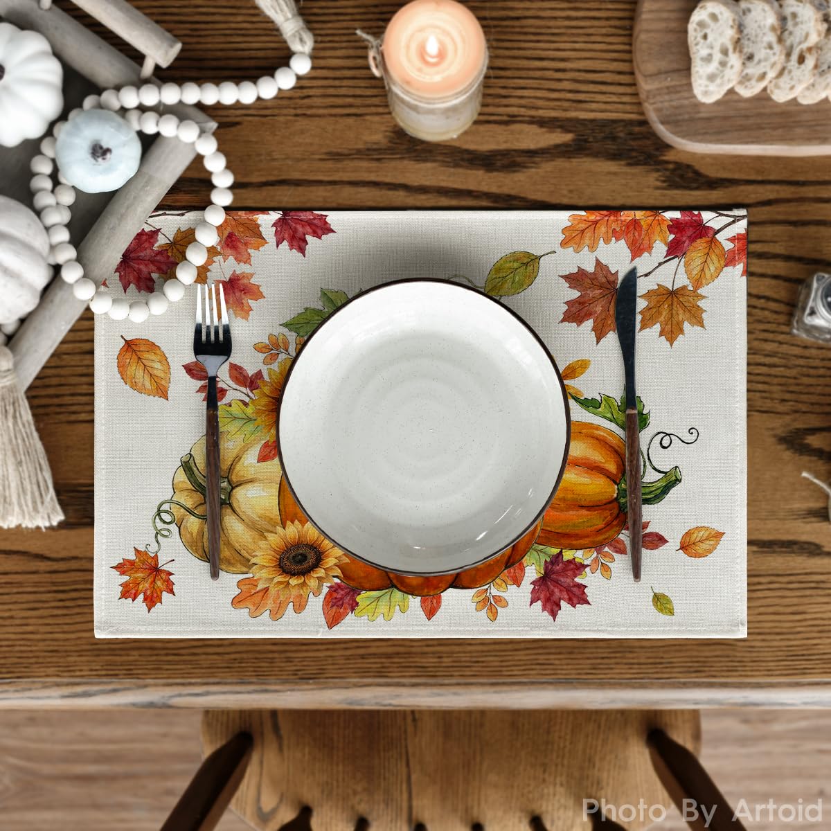 Pumpkins Maple Leaves Fall Placemats Set of 6, 12x18 Inch Seasonal Autumn Thanksgiving Table Mats for Party Kitchen