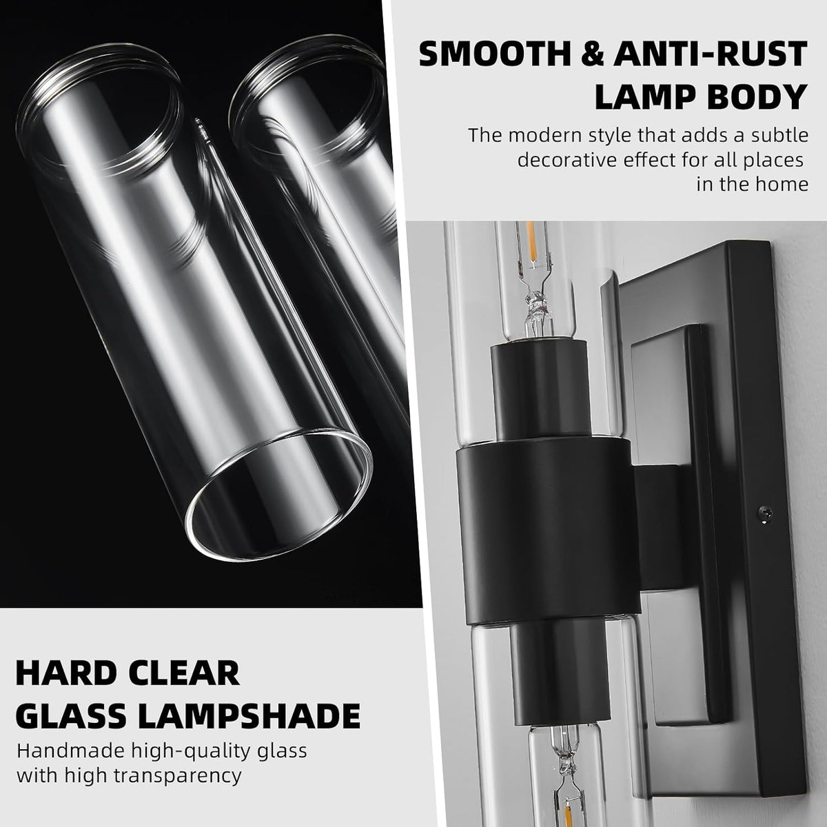 Black Wall Sconces Set of Two,Modern Bathroom Light Fixtures,2-Light Sconces Wall Lighting with Thickened Tempered