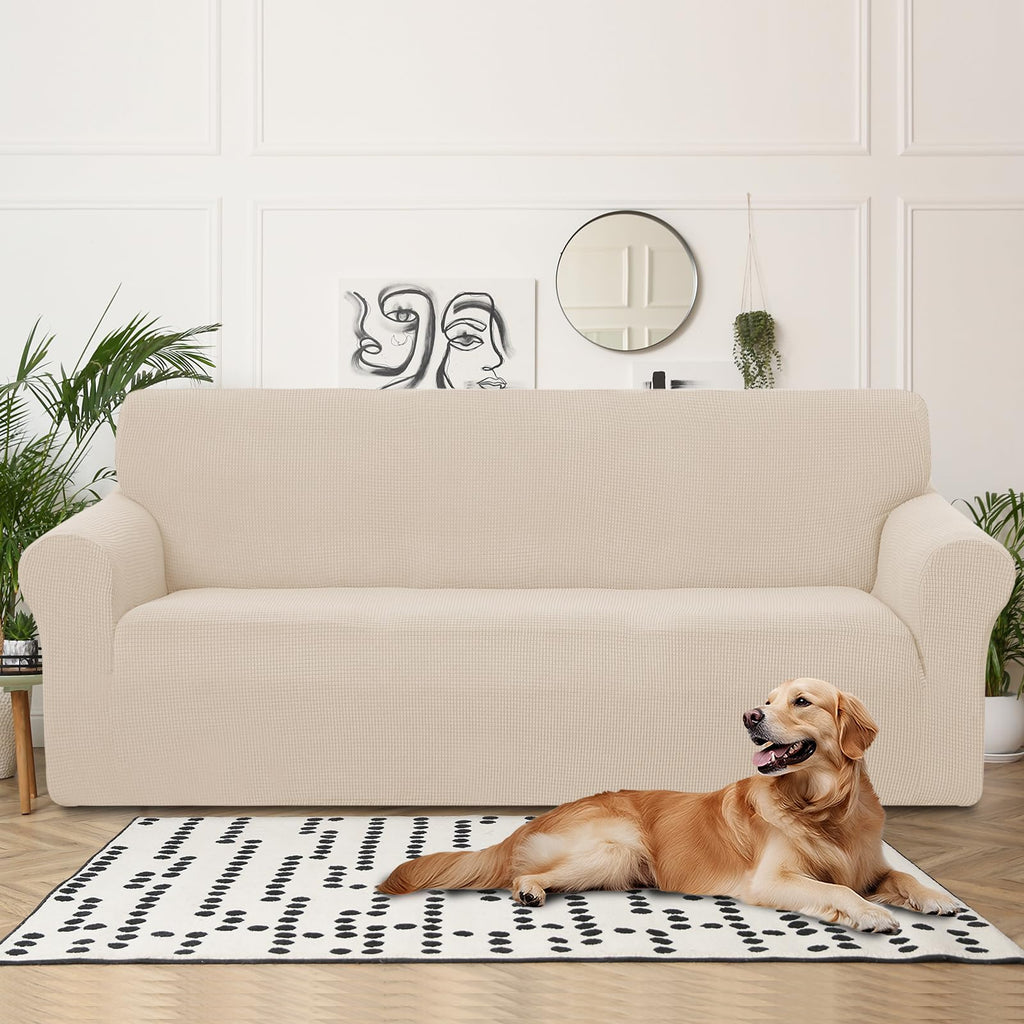 4 Seater Stretch Couch Cover for 3 Cushion Sofa, Beige