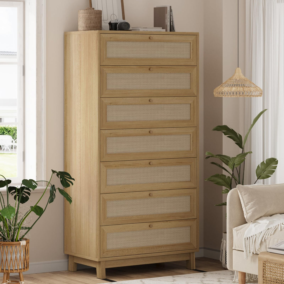 Rattan Dresser with 7 Drawer, Modern Double Wooden Tall Bedroom Dresser, Chest of Drawers with Metal Handle & Solid