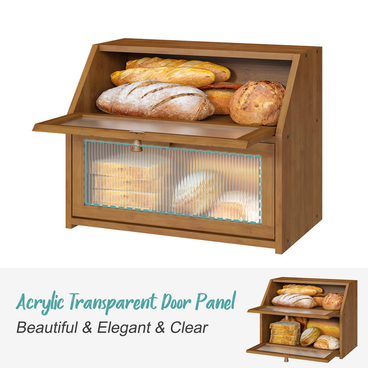 Counter, Large Bamboo Wood Double Layer, Wooden Bread Storage Capacity