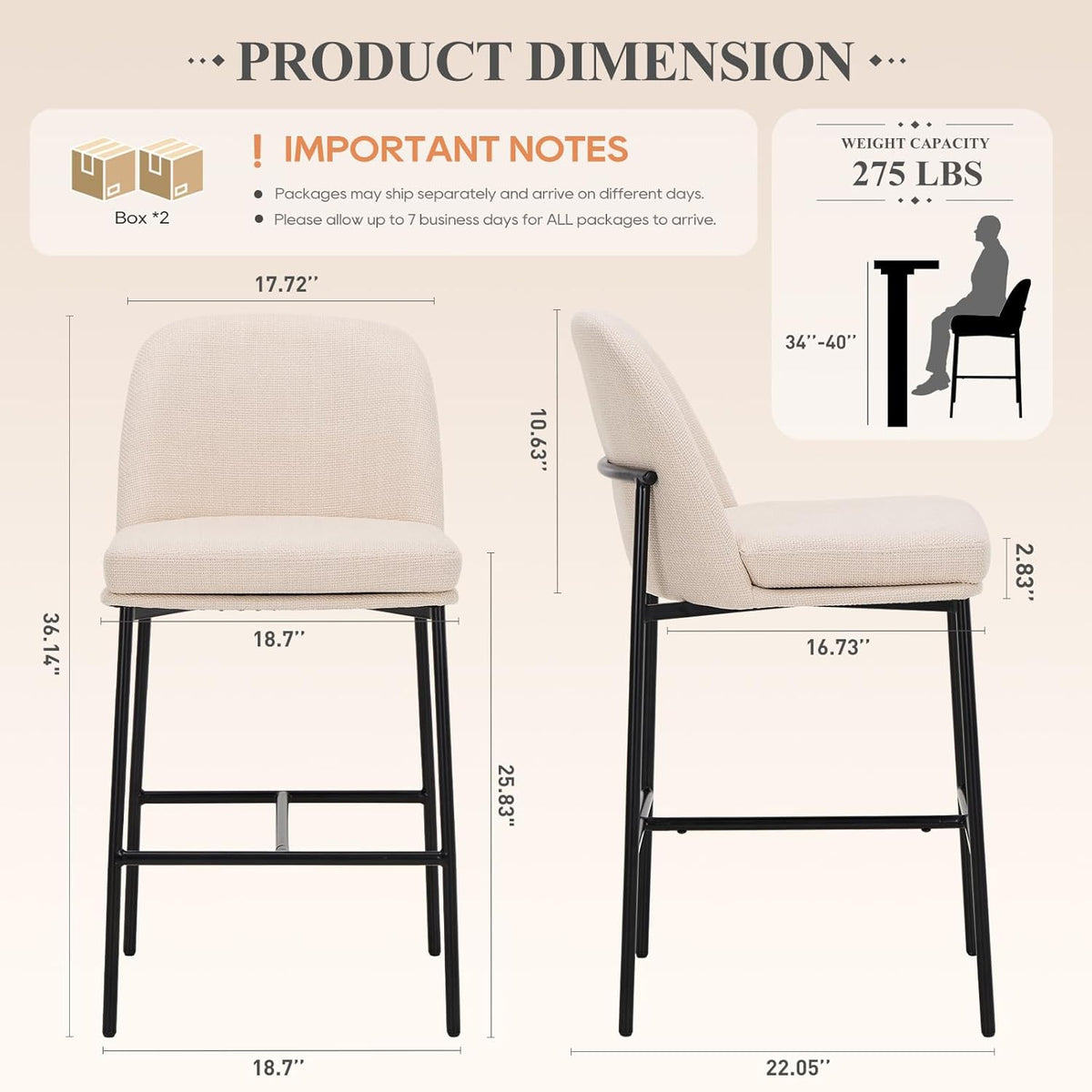 Counter Height Bar Stools Set of 4, 25 Inch Modern Fabric Kitchen Island Stools with Back, Upholstered Counter