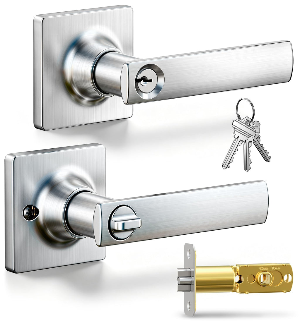 Square Keyed Entry Door Lever, Door Handle with Lock, Satin Nickel