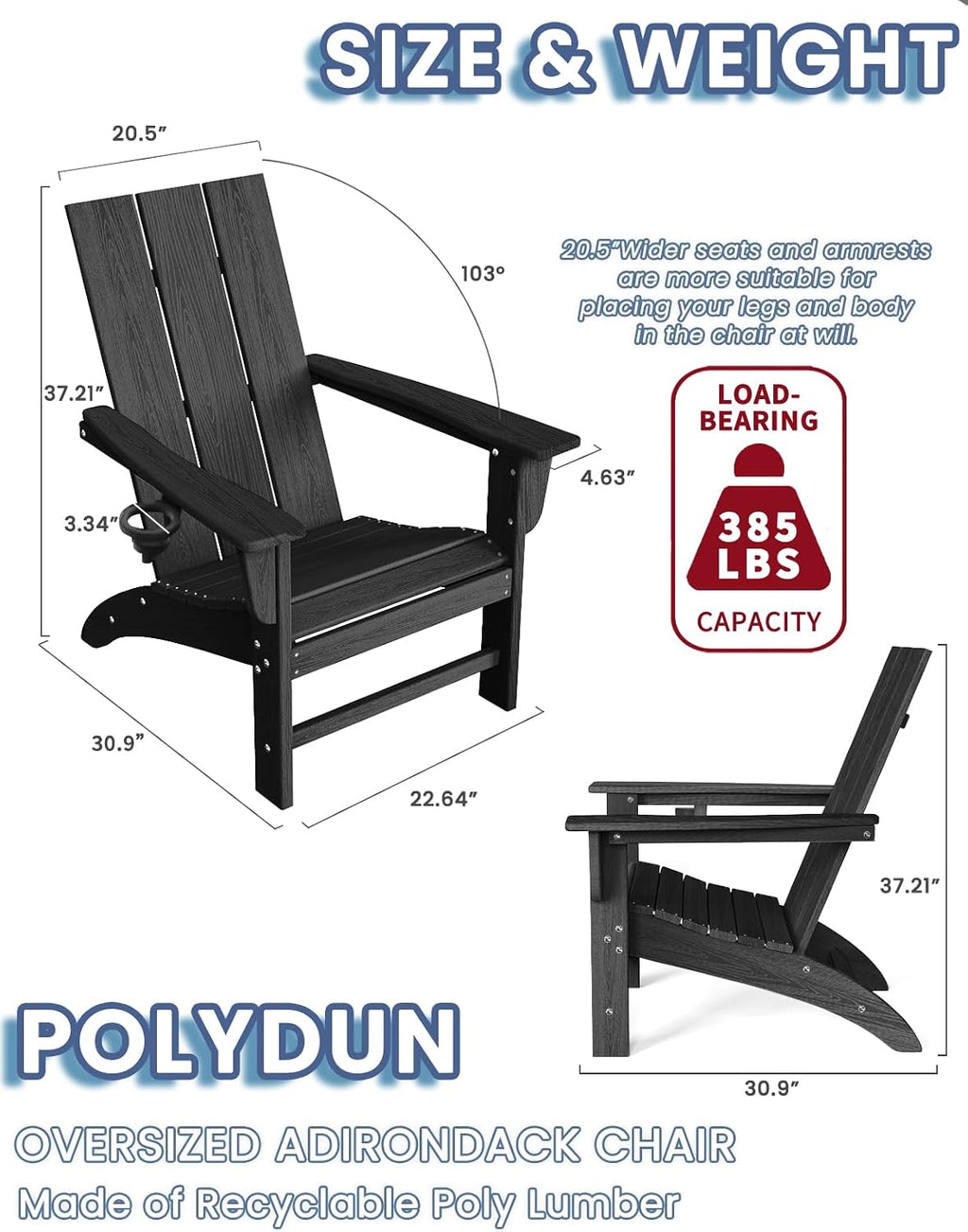 Modern Adirondack Chairs Set of 2, Cup Holder, HDPE Plastic Patio Chairs | Wood Texture Outdoor Chairs, Lawn Chairs