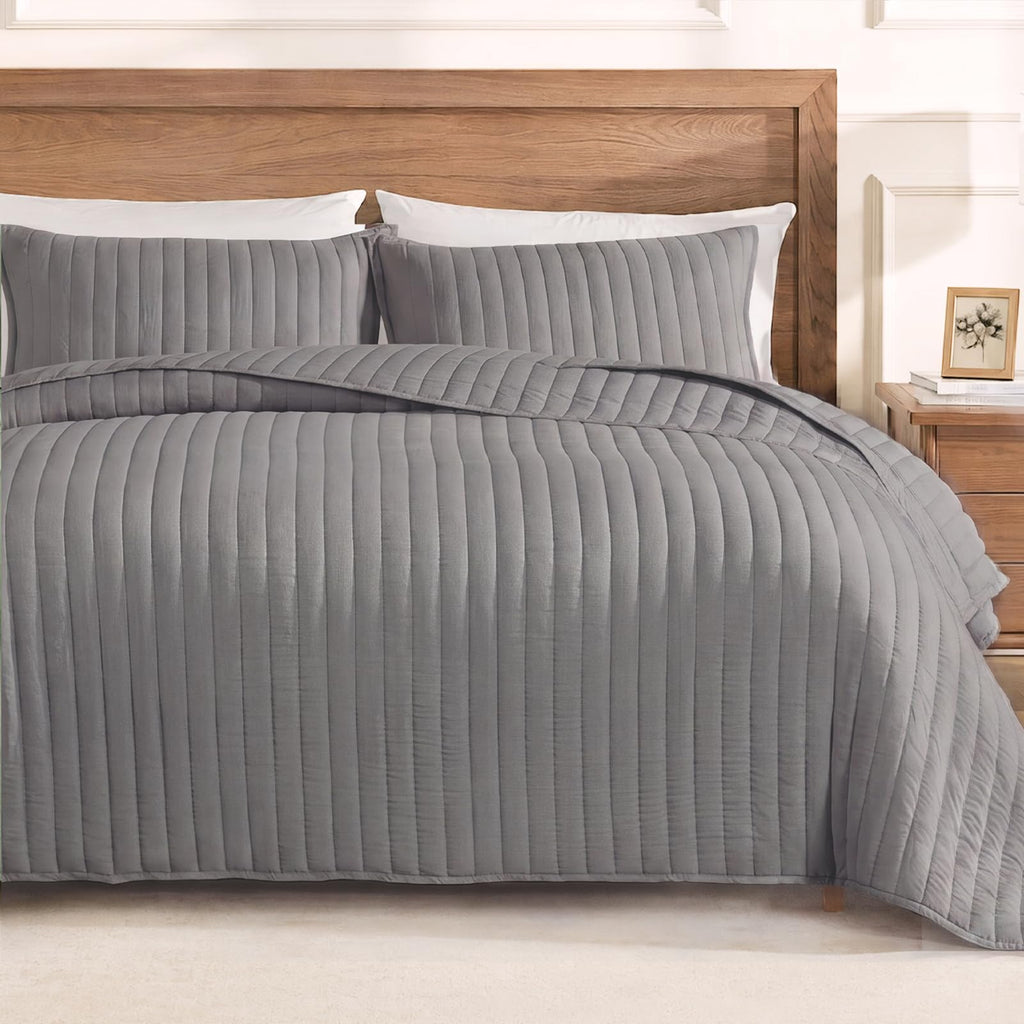 Striped Stitched Quilt Set +2 Pillow Shams, Grey Quilts