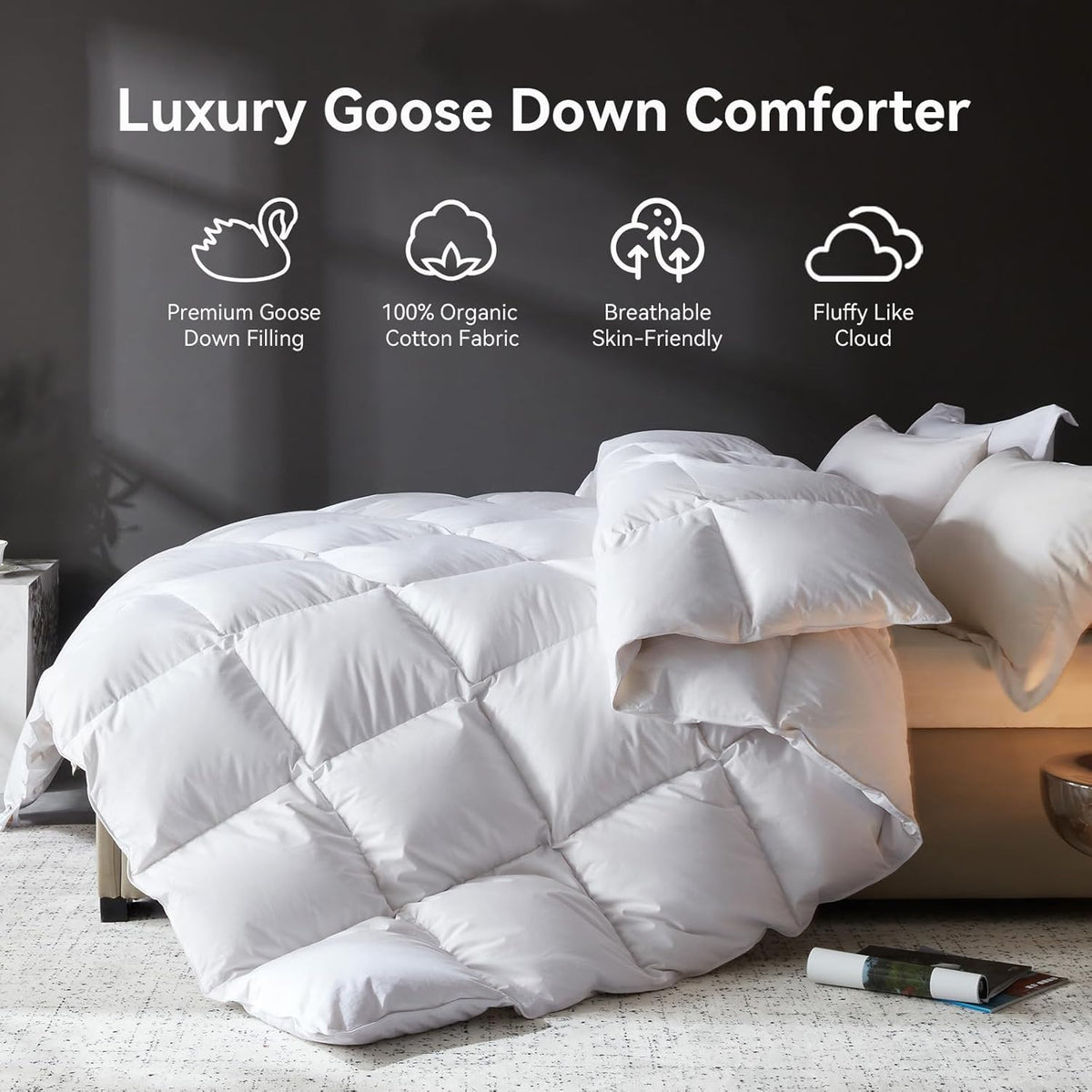 Goose Feather Down Fiber Comforter, 100% Organic Cotton Fabric Duvet Insert,1200TC,750+FP, Hotel Collection
