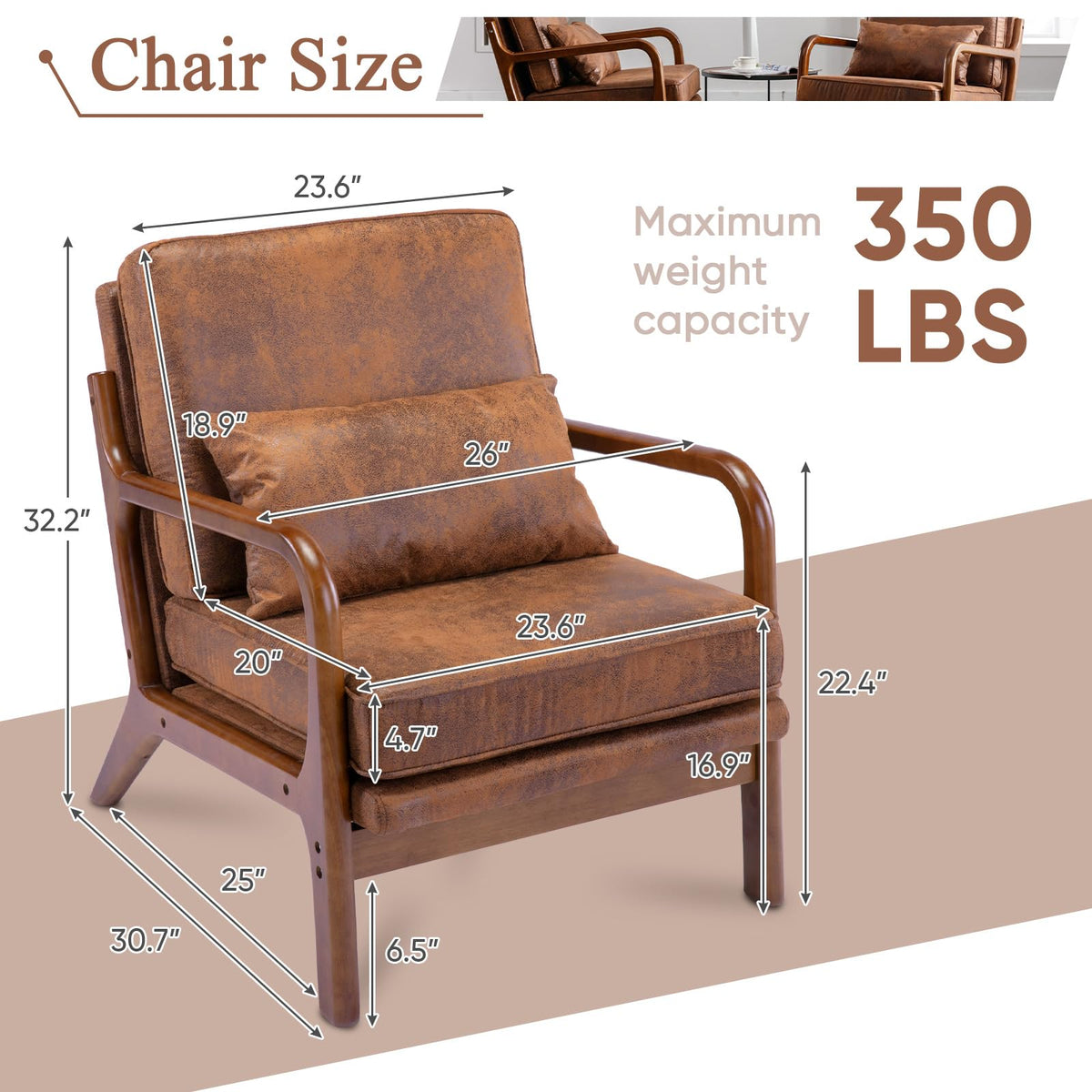 Mid Century Modern Accent Chair Set of 2 Living Room- Comfy Solid Wood Arm Chair with Lumber Pillow Lounge Decorative
