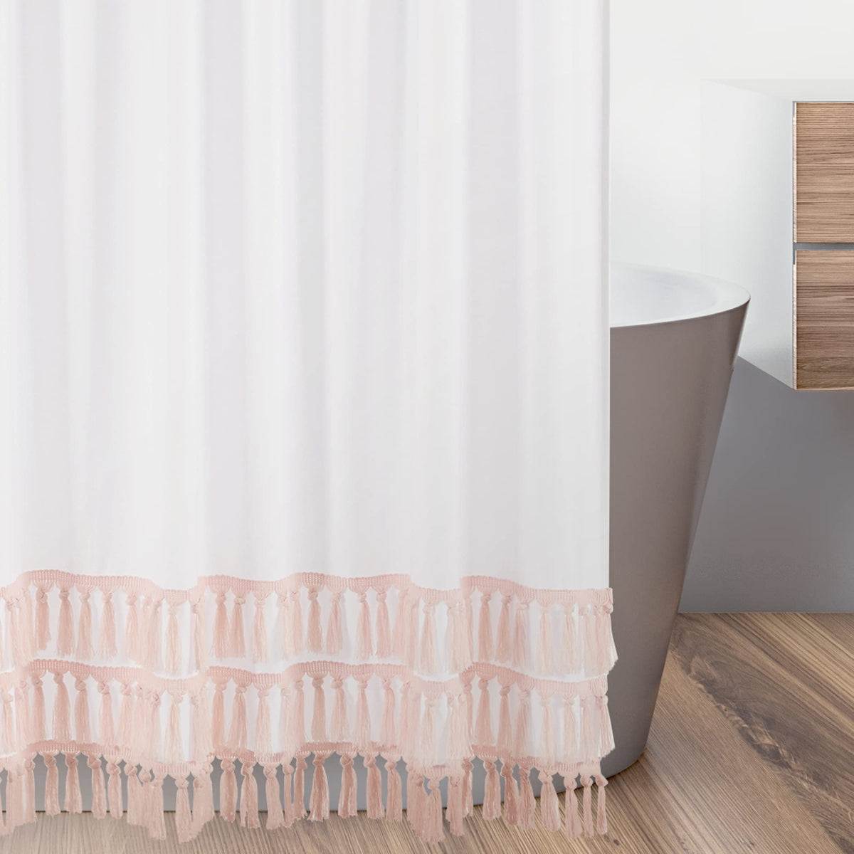 Boho Bohemian Bathroom Fabric Bath Shower Curtain - Blush Pink and White Farmhouse Shabby Chic Designer Modern