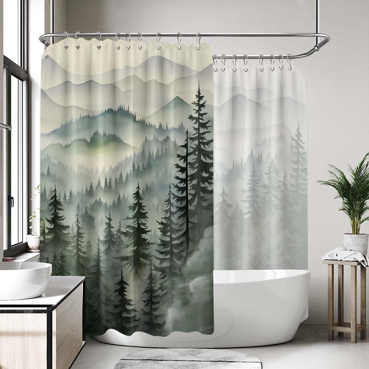 Sage Green Forest Extra Wide Shower Curtain, 108X72 in for Clawfoot Tub